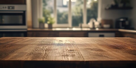 Aufkleber - A wooden table is featured, set against a softly blurred backdrop of a modern kitchen, capturing a high quality image of the scene.