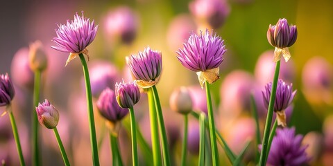 Poster - Close up macro photograph of a flowering chive plant thriving in a vibrant kitchen garden, showcasing the delicate blossoms and green foliage of the chive plant in its natural setting.
