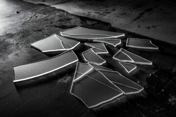 Aufkleber - Shattered glass fragments scattered on a dark, textured surface, a monochrome image evoking fragility and destruction.