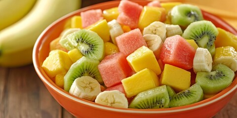 Poster - Vibrant fresh fruit salad featuring banana, kiwi, watermelon, and mango pieces presented in an orange bowl, with selective focus highlighting the bowl and the fruits at the front.