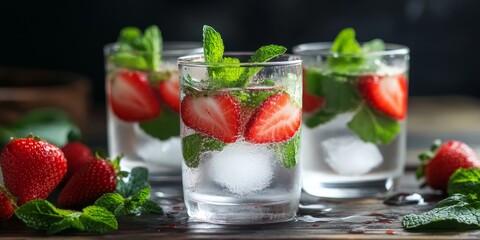 Poster - Refreshing glasses of mint infused water with ice, featuring vibrant strawberries. Enjoy the delightful blend of strawberries and mint in this invigorating water presentation.