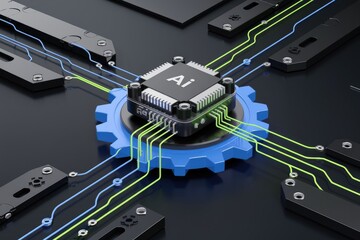 Poster - AI chip integrated with a gear mechanism, representing the technology's power and precision.