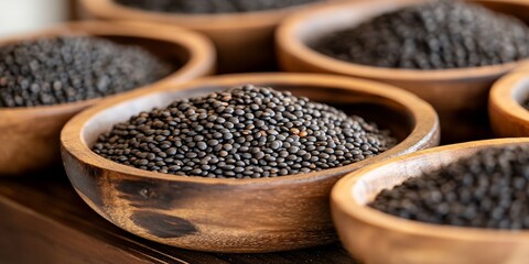 Poster - Close up of wooden bowls filled with black beluga lentils, showcasing their unique texture. Black beluga lentils are a healthy protein source, ideal for vegan and vegetarian diets.