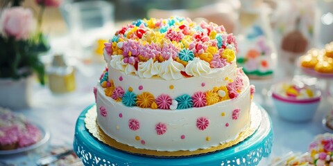 Poster - A beautifully decorated cake resting on a table, featuring colorful and lively embellishments that enhance its appearance and charm, creating a festive atmosphere.