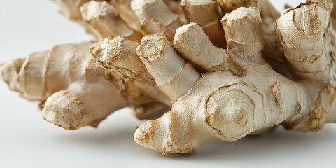 Poster - Closeup of a ginger bulb showcased against a white background, highlighting the unique texture and vibrant appearance of the ginger bulb, ideal for culinary and health related themes.