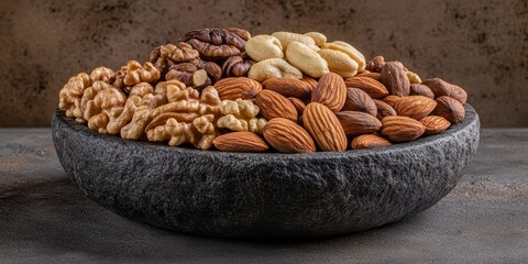 Poster - Diverse selection of healthy nuts arranged in a dark stone bowl displayed in an isolated setting for a unique visual appeal of healthy nuts. Discover the beauty of healthy nuts in this composition.