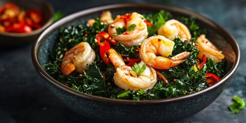 Poster - Spicy Chinese Kale Salad with Shrimp showcases a vibrant blend of flavors, emphasizing the spicy elements of this Asian food style, making it a perfect choice for a refreshing meal.