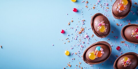 Poster - Halves of chocolate eggs adorned with colorful jelly and sweet powder create a circular pattern with an off center focus against a blue backdrop. This close up image offers space for text.