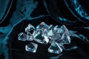 Poster - Sparkling diamonds scattered on a dark teal velvet, reflecting light.