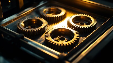 Aufkleber - Intricately Detailed Golden Gears Inside Industrial Machinery with Warm Lighting : Generative AI
