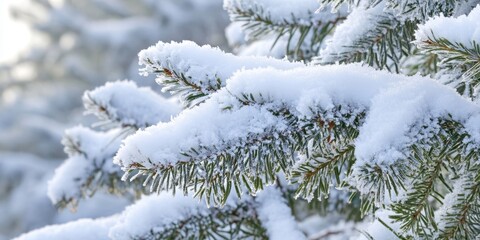 Poster - A detailed view of evergreen branches covered in snow during the winter season, showcasing the beauty of natures frosty touch on the evergreens in wintertime.