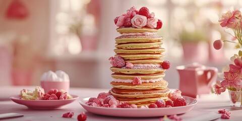 Poster - Pancakes stacked in a towering arrangement, perfect for celebrating Pancake day or Shrove Tuesday. This delightful pancake tower showcases the joy of Pancakes in a festive setting.