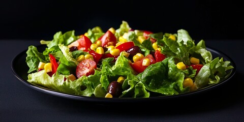 Poster - Fresh and delicious salad featuring crisp lettuce, vibrant red pepper, juicy tomato, sweet corn, and sliced olives, beautifully presented on a sleek black plate, making this salad truly irresistible.