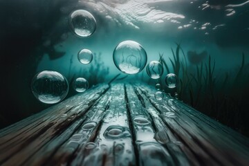 Poster - Submerged wooden path with bubbles floating underwater, creating an ethereal scene.