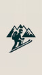 © Ol - Ski touring in winter mountains. Simple minimalist illustration of a logo emblem of a skier with a backpack, going on a ski tour. Winter sport tourism leisure icon.