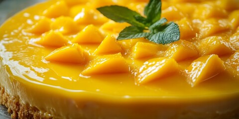 Poster - Close up shot of a mango cheesecake at home, perfect for bakery backgrounds or wallpapers. This delightful mango cheesecake features mango, spongy cake, biscuit crumbs, and creamy topping.