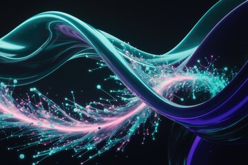 Poster - Abstract 3D render of vibrant teal and purple wave with glowing pink and teal particles, creating a dynamic and energetic composition.