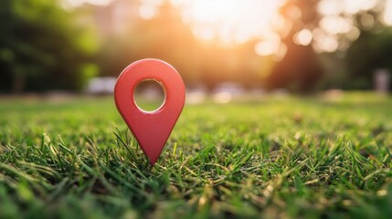 Poster - Red Location Pin on Green Grass at Sunset with Blurry Background