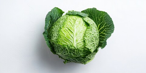 Poster - Close up view of a fresh cabbage on a white background, showcasing the vibrant green color and texture of the cabbage. Ideal for highlighting the beauty of cabbage in a minimalist setting.