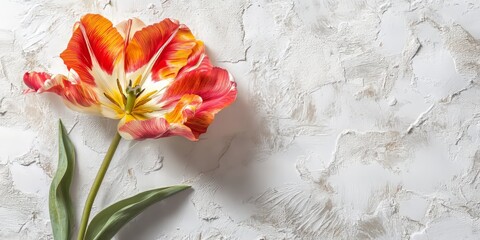 Aufkleber - Vibrant double tulip captured from above, showcasing a pattern of shades on textured white stucco. This elegant floral element enriches creative designs, offering soft focus and ample copyspace.