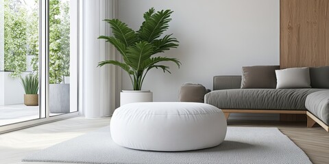 Leinwandbilder - The modern living room features a white pouf table placed at the center, complemented by a fresh indoor plant in the back corner, creating a tranquil and contemporary atmosphere.