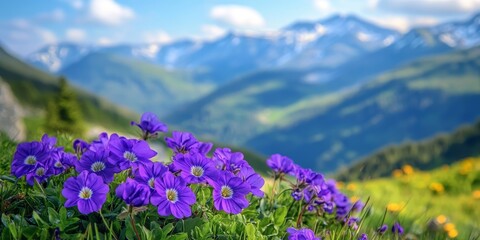 Aufkleber - Purple wild primrose blossoms vibrantly in the mountains, showcasing the beauty of primula amoena. This stunning primrose adds color and charm to the mountainous landscape during blooming season.