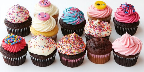 Aufkleber - Delectable birthday cupcakes arranged on a white background, featuring an array of vibrant colors and enticing designs, perfect for celebrating special occasions with birthday cupcakes.