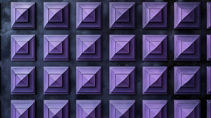 Many symmetrical purple rhombuses and squares on a black background. Bright abstract pattern of geometric carved and fancy shapes.