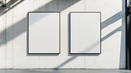 Poster - Two blank vertical mockup banners are hanging on a concrete wall in a modern room with window light creating shadows, providing a space for design and advertising
