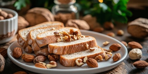 Poster - Freshly sliced bread adorned with a variety of nuts elegantly arranged on a plate, showcasing the delightful combination of sliced bread and crunchy nuts for a tempting snack.