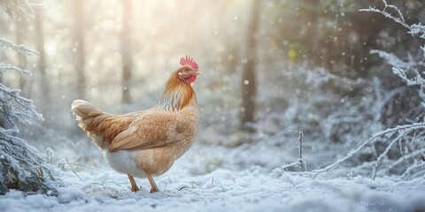 Aufkleber - A snowy hen displaying light brown feathers is captured in a portrait amid a winter forest setting, showcasing the beauty of nature in the cold season.