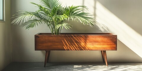 Poster - A wooden chest elevated on lengthy legs features a potted palm tree, creating a stylish and eye catching piece of furniture.