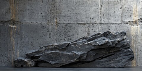 Poster - textured black stone surface set against a concrete wall backdrop, ideal for showcasing products and