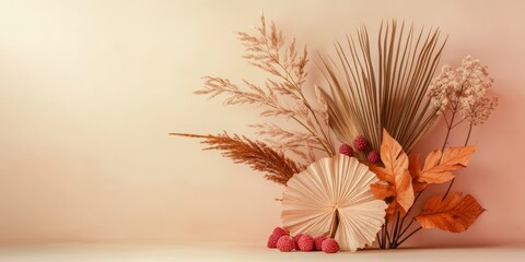 Poster - An elegant arrangement features decorative palm and raspberry branches alongside dried leaves, all set against a soft pastel backdrop for a stylish look.