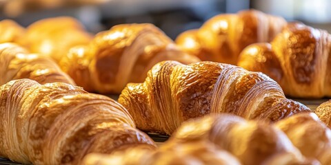 Poster - A detailed closeup of freshly baked croissants displayed for sale, featuring a beautifully blurred background that highlights the golden croissants texture and appeal. Perfect for showcasing