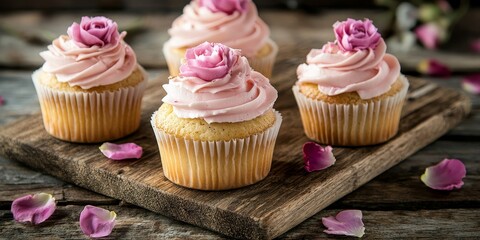 Leinwandbilder - Delicious vanilla cupcake adorned with delicate rose petals and blush pink icing, beautifully presented on a rustic wooden board, making a perfect treat for any occasion.