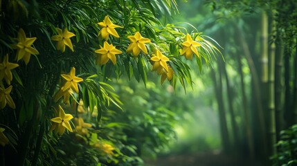 Aufkleber - Star fruit trees flourish in a lush environment, complemented by a backdrop of shady bamboo trees. The vibrant star fruit trees create a harmonious scene with the bamboo trees.