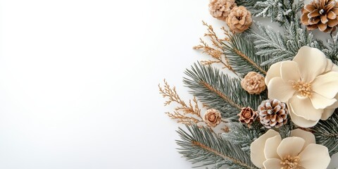Poster - Dry flowers, pine, and green leaves create an elegant arrangement on a white background, showcasing the beauty of nature through the contrast of dry and fresh elements in floral design.