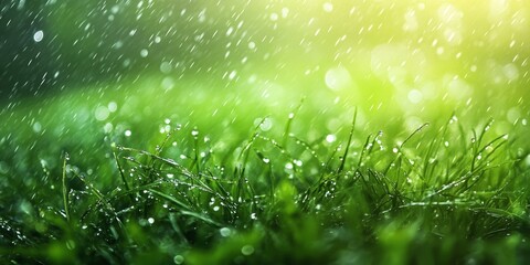 Poster - Raindrops glistening on green grass enhance the beauty of the garden, creating a serene atmosphere where nature thrives with vibrant greenery and refreshing raindrops.