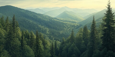 Aufkleber - Majestic mountains of the Beskydy region feature lush forests and towering trees, showcasing the wild beauty of nature. Explore the enchanting wild landscapes among the trees in these mountains.