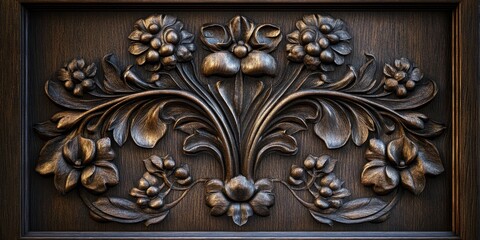 Poster - A detailed close up of a dark wooden wall panel showcases intricate carvings that beautifully contrast with the rich texture of the natural wood grain, highlighting the artistry of wood craftsmanship.