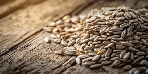 Poster - A heap of sunflower seeds arranged artistically on a wooden background, showcasing the natural beauty of sunflower seeds in a rustic setting. Perfect for highlighting sunflower seeds in photography.