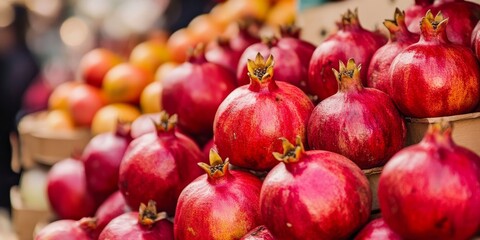 Poster - Fresh pomegranate fruits displayed at a vibrant market stall, showcasing the appeal of fresh pomegranate fruits for health and nutrition enthusiasts seeking quality produce.