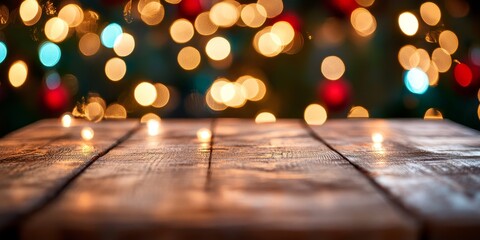 Poster - A wooden table surface accompanied by a background of vibrant, blurred Christmas lights creates an eye catching setting for showcasing products.