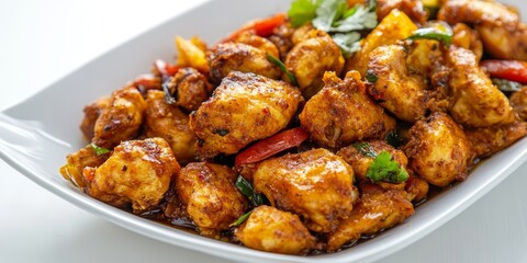 Poster - Stir fried chicken prepared with aromatic curry paste beautifully displayed against a white background, highlighting the vibrant colors and textures of stir fried chicken and curry paste.