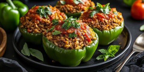Poster - Stuffed green bell peppers filled with a savory mixture of ground beef, rice, and tomato sauce, showcasing the vibrant colors and delicious flavors of green bell peppers.