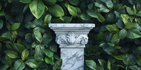 Poster - A white marble pedestal is encircled by lush green leaves, creating a striking contrast between the elegant marble and the vibrant greenery surrounding it.