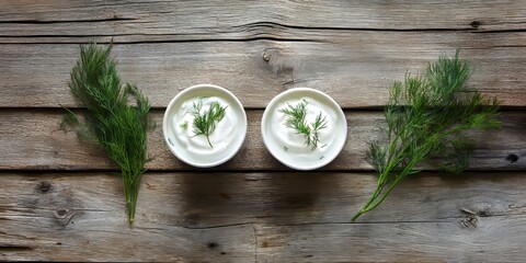 Poster - Greek yoghurt paired with fresh dill leaves creates a delightful combination, beautifully presented against a rustic wood background, highlighting the essence of Greek yoghurt.