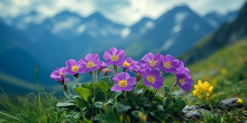 Aufkleber - Purple wild primrose blossoms vibrantly in the mountains, showcasing the beauty of primula amoena. This stunning primrose adds color and charm to the mountainous landscape during blooming season.
