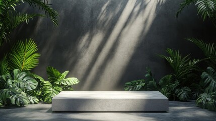 Poster - modern minimalist display surface surrounded by lush greenery